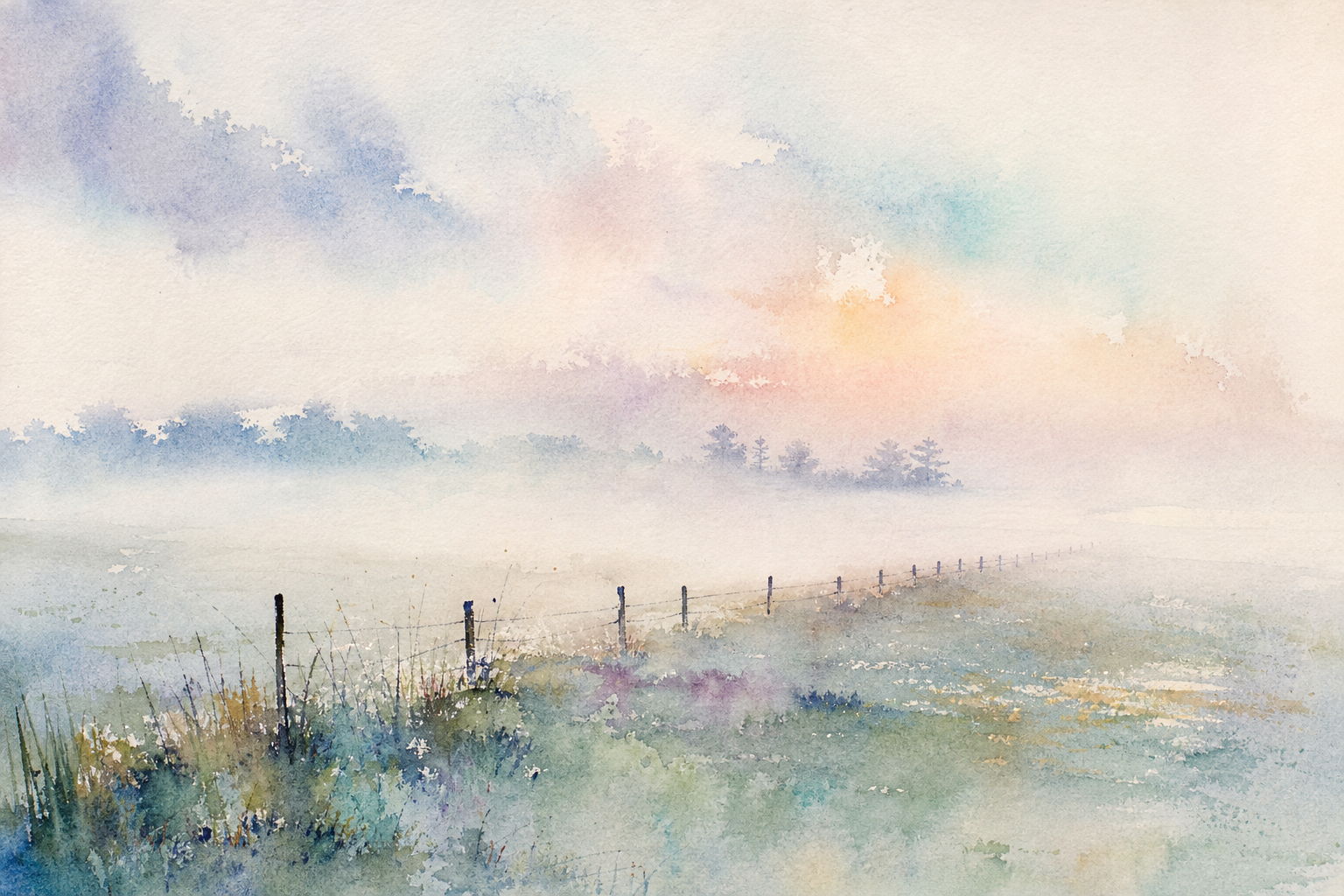 Watercolour of a wide field at first light, a thin fence line dissolving into mist, the horizon uncertain