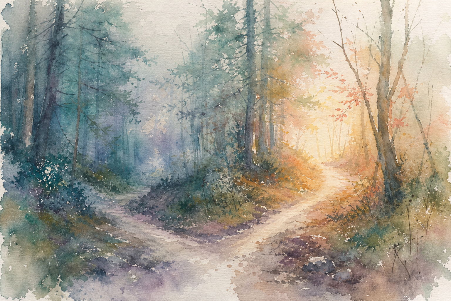 Watercolour of a forest path forking into two ways in mist, one branch into shadow, the other toward a warm light