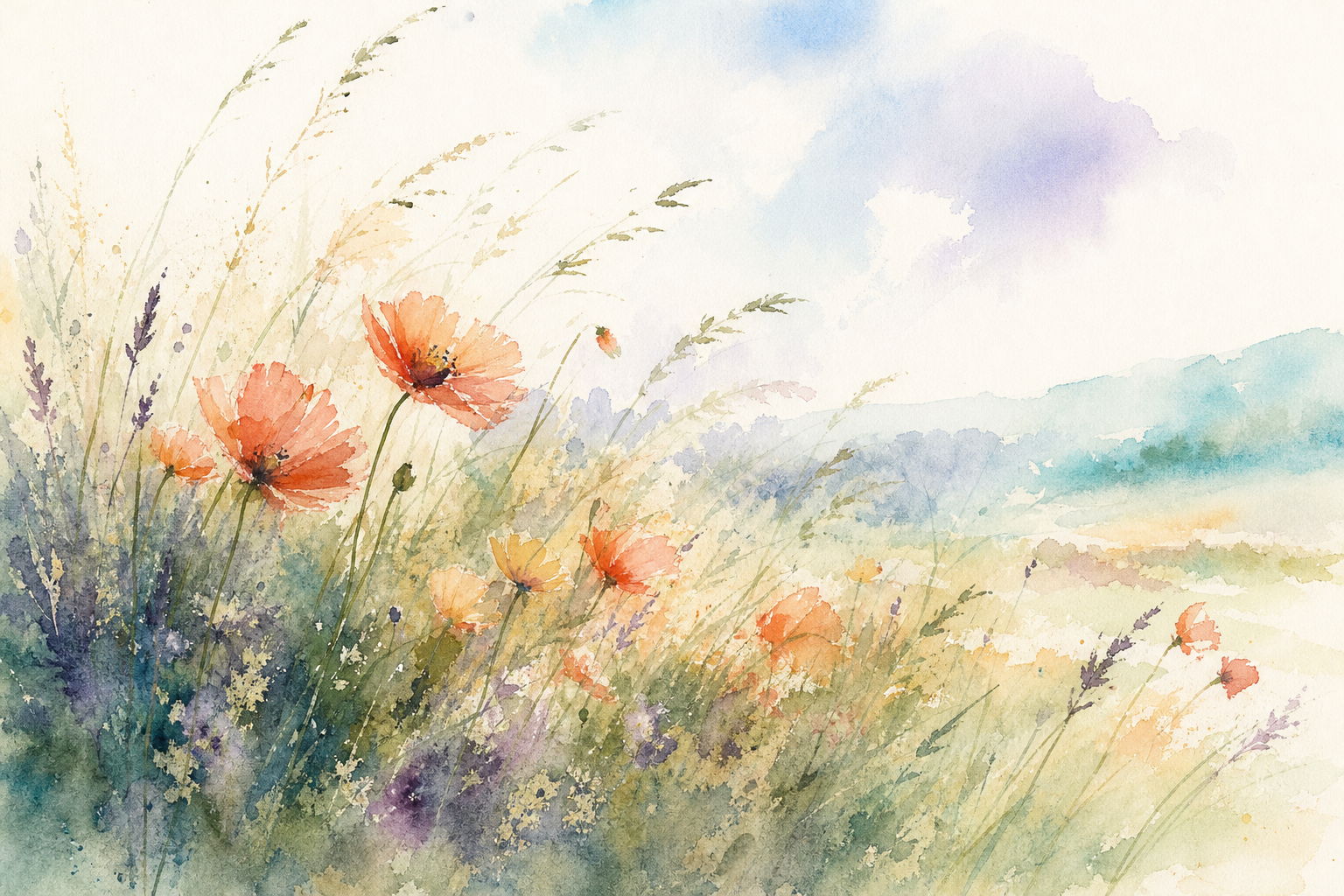 Watercolour of a meadow edge with wild poppies and tall grasses bending in the wind