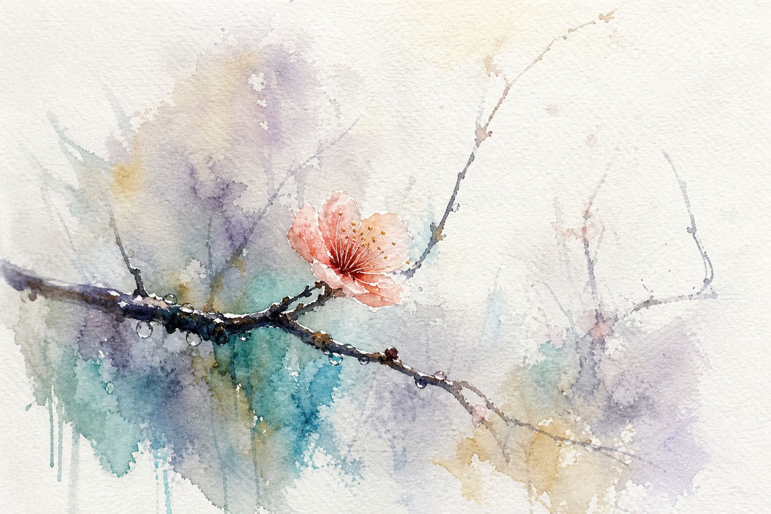 Watercolour of a rain-wet branch with one pale coral blossom in focus and the rest dissolving into soft grey-violet wash