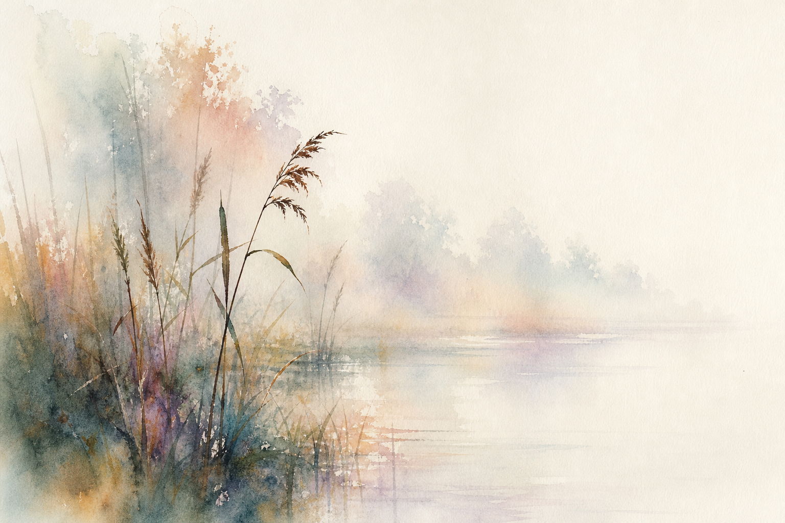 Watercolour of reeds and still water at the edge of a lake in soft mist