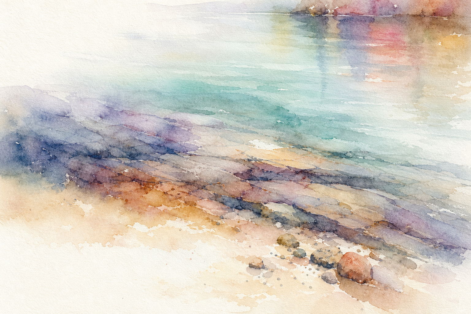 Watercolour of a shoreline in three soft bands: pale sand, layered stone, and still water above